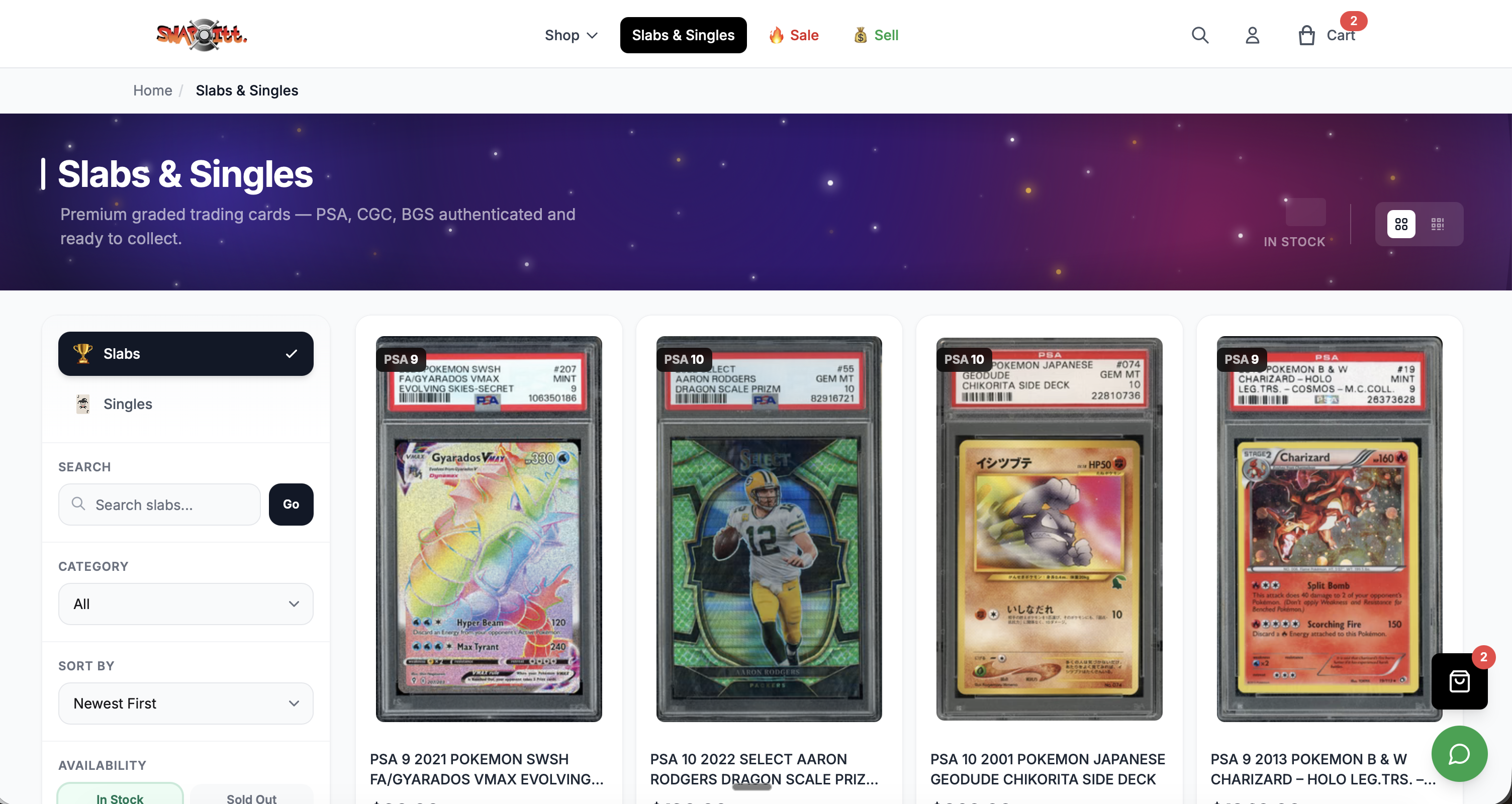 Swapitt slabs and singles browsing page with PSA graded cards and filtering